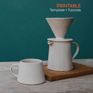 May include: A cream-colored ceramic pour-over coffee maker with a matching mug sits on a wooden board. The words "PRINTABLE Template + Tutorials" are printed in orange at the top of the image. The background is a teal color.