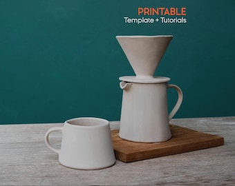 POUR-OVER V60 Dripper Set and Mug Pottery Template, Pour-Over Coffee set, V60 Coffee Dripper, Coffee Jug, Slab Building Pattern-PDF Pattern