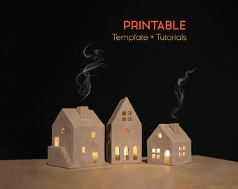 Three Tea light Houses Template, Modern Tealight House Template, Ceramics Tools, Slab Building, Pottery House Template, home template