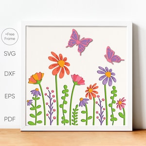 3D Boho Flowers and Butterfly Shadow Box, Spring shadow box svg, Layered svg, Cardstock svg, Boho Decor, Butterfly Shadow Box