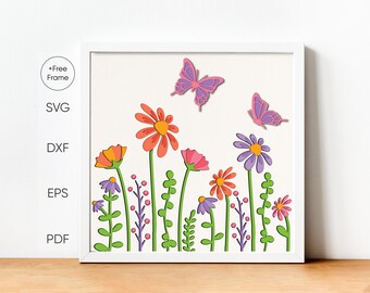 3D Boho Flowers and Butterfly Shadow Box, Spring shadow box svg, Layered svg, Cardstock svg, Boho Decor, Butterfly Shadow Box