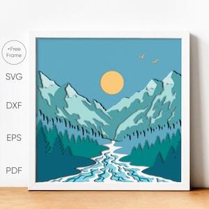 3D Mountain Lake Sunset Shadow Box, Waterfall Landscape Shadow Box, 3D SVG Shadowbox 3 Templates, DIY Cabin Wall Décor, SVG for Cricut
