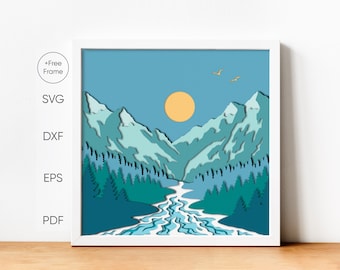 3D Mountain Lake Sunset Shadow Box SVG, dekoracja domku (pobranie cyfrowe)