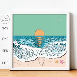 Atardecer en la playa en 3D SVG, caja de sombra de playa, plantilla de caja de sombra de olas del océano, caja de sombra 3D, recorte de cartulina en capas para Cricut, paisaje oceánico