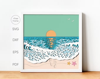 Puede incluir: Una ilustración digital de una puesta de sol sobre un océano turquesa con olas blancas espumosas que rompen en una playa de arena. El sol es un círculo naranja brillante con un reflejo en el agua. Hay dos pájaros blancos volando en el cielo. Hay huellas en la arena y dos estrellas de mar rosas y naranjas.