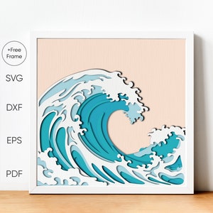3D Wielka Fala SVG, Plaża Cień Box, Ocean SVG Szablon, 3D Cień Box, Warstwowy Papier Kartonowy Wycinany dla Cricut, Ocean Landscape