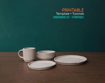Dinnerware Set for Slab Building Set – 4 Printable, Mug, Dinner Plate, Salad Plate, Soup Bowl, Pottery Dinner Set (Printable PDF)