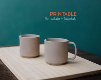 Molde para caneca com pé em cerâmica, molde imprimível para caneca de cerâmica, ferramentas de cerâmica, xícara para modelagem em placas, moldes de cerâmica para tutorial de modelagem em placas