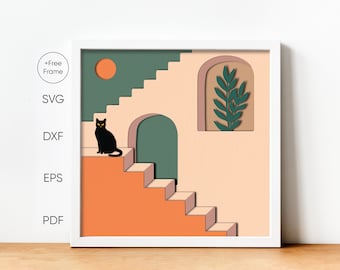 Boho Cat on the Stair shadow box svg, Mid Century Modern shadow box svg, Cricut Projects, Minimal Boho Art, Retro Cat Svg, Cricut svg