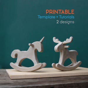 May include: Two wooden rocking horse figurines, a unicorn and a moose, on a wooden surface. The image includes the text "PRINTABLE Template + Tutorials 2 designs" in orange and blue.