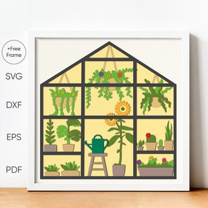 Caixa de sombra de estufa 3D svg, Caixa de sombra de jardim svg, Caixa de sombra de primavera svg, Jardim de primavera com folhas, Estufa svg, Cricut