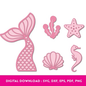 Svg queue de sirène, sirène coquillage étoile de mer png, anniversaire fille sirène, calques de sirène, queue de sirène de gâteau, sirène DXF, fichier Cricut
