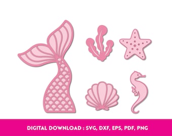 Mermaid Tail svg, Mermaid Seashell Starfish png, Mermaid Birthday Girl, Mermaid Layers, Mermaid Tail Cake Topper,Mermaid DXF, Cricut File