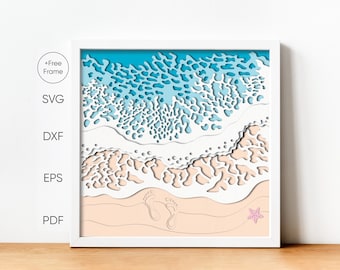 3D Ocean Waves Shadow Box, Beach Landscape Papercut (svg, dxf, pdf, eps)