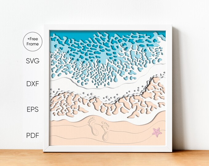 3D Sunset Beach SVG, Beach Shadow Box, Ocean Wave Shadow Box Template ...
