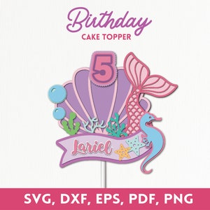 Topo de bolo de aniversário sereia | Topper de bolo 3D com shaker SVG, Topper de bolo com cauda de sereia, estrela do mar concha de sereia, arquivo Cricut