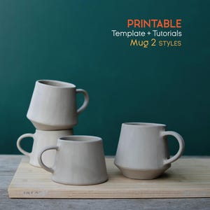 May include: Four beige ceramic mugs with handles are arranged on a wooden surface against a teal background. The mugs have a minimalist design, with a slightly angled rim on one style. The text "PRINTABLE Template + Tutorials Mug 2 STYLES" is visible.