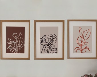 SET OF THREE, Hand painted Botanical Plant Prints, Botanical Illustration, Wall Art, Home Decor, Leaf Prints