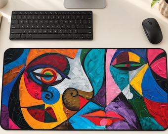 Tappetino da scrivania con volti cubisti, tappetino per mouse con arte astratta colorata per spazi di lavoro creativi