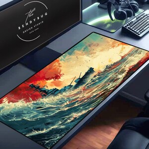 May include: A large, colorful gaming mouse pad with a detailed illustration of a battleship sailing through stormy seas. The mouse pad features a vibrant red, orange, and blue color scheme.
