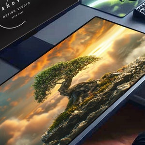 Sunset Bonsai Tree Desk Mat: XL Mouse Pad, Japanese Art