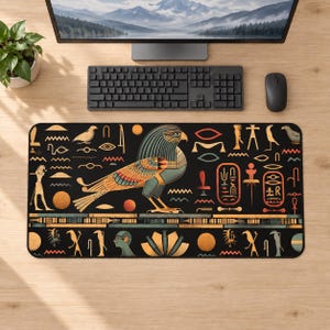 Egyptian Hieroglyph Desk Mat, Falcon Art Mouse Pad with Black Stitched Edges