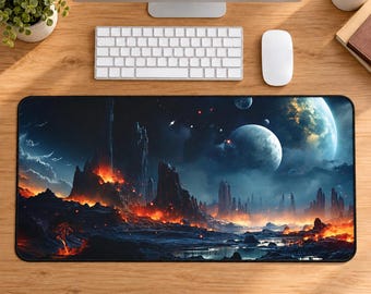 Galaxy Desk Mat, Dark Fantasy Space Mouse Pad with Planets and Lava