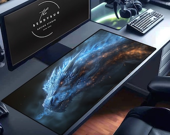 Blue Fire Dragon Desk Mat: Fantasy Gaming Mouse Pad