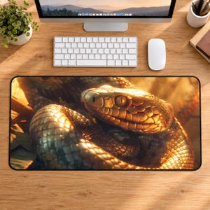 Gold Snake Desk Mat: Fantasy Reptile Decor, XL Gaming Mouse Pad