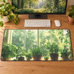 May include: A rectangular desk mat featuring a printed image of a sunlit window view filled with various green potted plants. The design displays multiple indoor plants in different pots arranged on a windowsill against a bright, blurred outdoor background of trees and foliage.