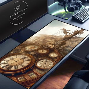May include: A large, detailed, steampunk-style mousepad with a clock face design and a woman standing on a gear. The mousepad is brown and gold with a vintage aesthetic.