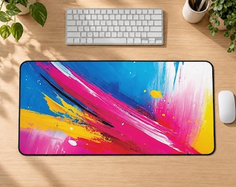 Tapis de bureau rose abstrait, tapis de souris coloré à motifs de pinceaux bleus et jaunes