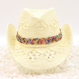 Vanilla and Sprinkles Natural Cream Cowboy Hat Multicolor Natural Stone Rope Candy Band - Rainbow stone band sparkle accents - Beach Hat