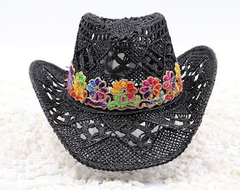 Rainbow flowers Straw Black Cowboy Hat - Multicolor Beach hat Shapeable 100% Cotton Straw Outdoor Breathable Gardening Hat Sturdy Box