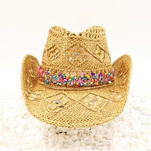 Cowboy Hat - Multicolor Natural Stone Rope Candy Band - Rainbow stone band with sparkle accents - Beach Shapeable Hat Sturdy Box