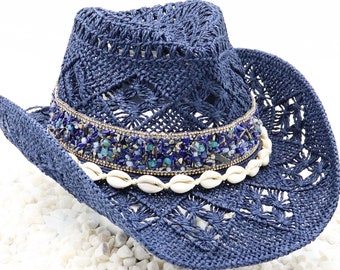 Deep Blue Sea - Natural Navy Cowboy Hat - Stones of Dark Blue & Rhinestones with Shell Band - Beach Ocean Tones - Sturdy Box