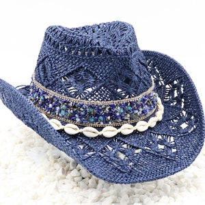 Deep Blue Sea - Natural Navy Cowboy Hat - Stones of Dark Blue & Rhinestones with Shell Band - Beach Ocean Tones - Sturdy Box