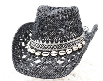 Onyx Black and Silver Aztec Band & Seashells on Natural Black Cowboy Hat - Shapeable 100% Cotton Straw Outdoor Breathable Sturdy Box