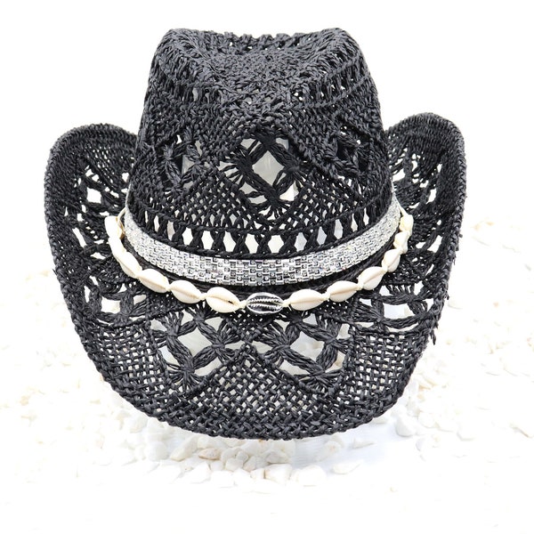 Beach & Sparkle Night - Silver Mirror Band and Seashells on Black Cowboy Hat - Night Bling - Shapeable 100% Cotton Straw Outdoor Sturdy Box