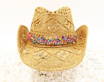 Cowboy Hat - Multicolor Natural Stone Rope Candy Band - Rainbow stone band with sparkle accents - Beach Shapeable Hat Sturdy Box