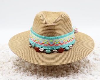 Beach Hat Bucket Natural Hand Woven Straw Hat with Cowrie Sea Shell Band and Turquoise Accent Beach Hat Gardening Hat Sturdy Box