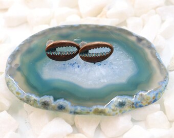 Patina Copper Cowrie Shell Earring Pair - Bohemian Style Dangle Earrings Rustic Boho Copper Jewelry
