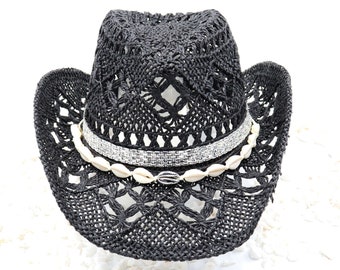 Beach & Sparkle Night - Silver Mirror Band and Seashells on Black Cowboy Hat - Night Bling - Shapeable 100% Cotton Straw Outdoor Sturdy Box