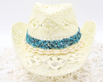 Shoreline Beach Cowboy Hat - Turquoise & Rhinestones with Shell Band on Cream White Beige Hat - Beach Ocean Tones - Sturdy Box