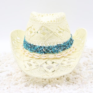 Shoreline Beach Cowboy Hat - Turquoise & Rhinestones with Shell Band on Cream White Beige Hat - Beach Ocean Tones - Sturdy Box
