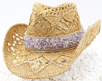 Geodes and Stones Natural Straw Cowboy Hat - Purple Geodes Purple Amethyst Stones with Gold and Silver Bling Accent Rhinestones - Sturdy Box