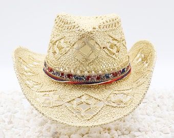 American Rhinestone Cowboy Hat - Shapeable - USA Red White Blue Bling Band 100% Cotton Straw Outdoor Breathable Rodeo Hat Sturdy Box