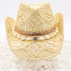 Rose Gold and Seashells on Natural Coral Cowboy Hat - Golden Life - Rose Gold Mirror Band - Shapeable 100% Cotton Straw Outdoor Sturdy Box