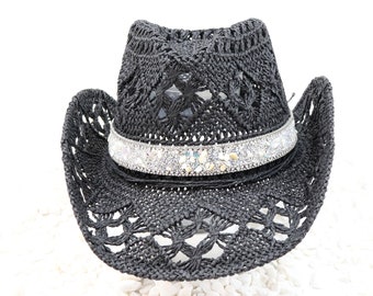 Geodes & Natural Stone Mix band on Black Natural Straw Cowboy Hat White Stone Mix with Gold and Silver Bling Accent Rhinestones - Sturdy Box