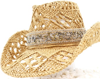 Golden Luxe Geodes & Natural Stone Mix band on Tan Natural Cowboy Hat - Gold / Silver Stone Mix Gold and Silver Accent Rhinestones